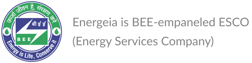 Energeia is a BEE-empaneled ESCO (Energy Services Company) logo and certification badge.
