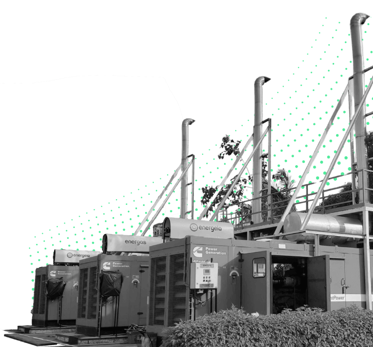 Black and white image of multiple industrial power generators labeled 'Energeia'.