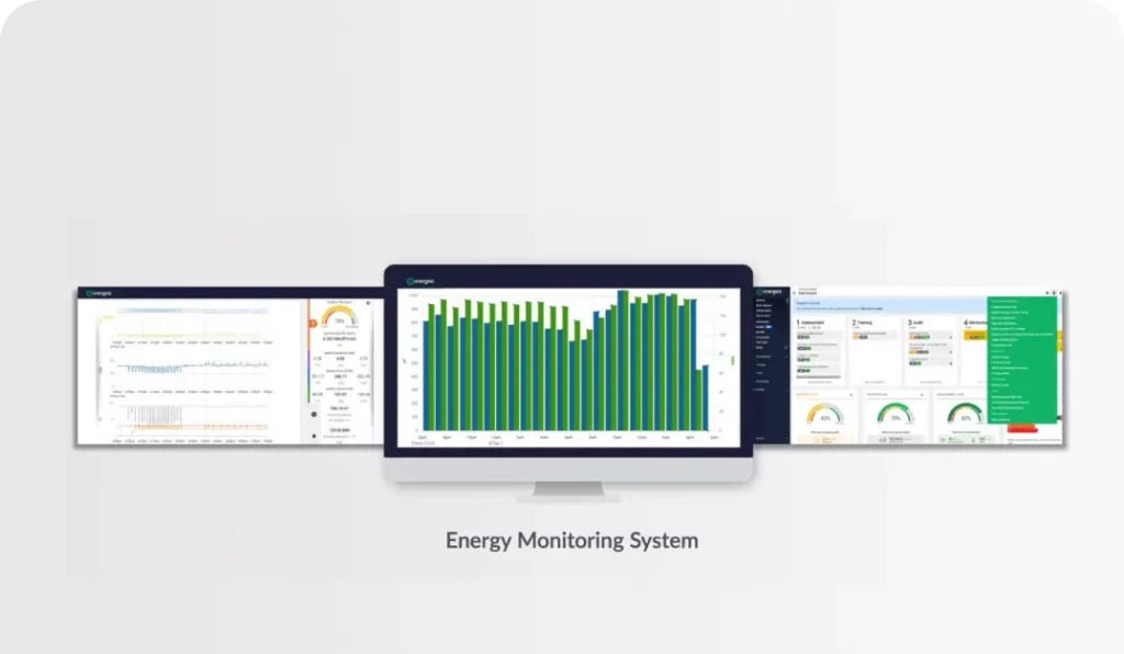 Energy monitoring system dashboard displaying data analytics, graphs, and performance metrics.