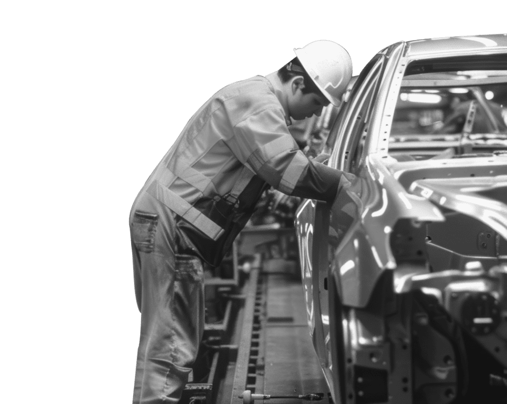 Black and white image of an automotive assembly line worker wearing a hard hat and safety gear, inspecting or assembling a car body on a production line.