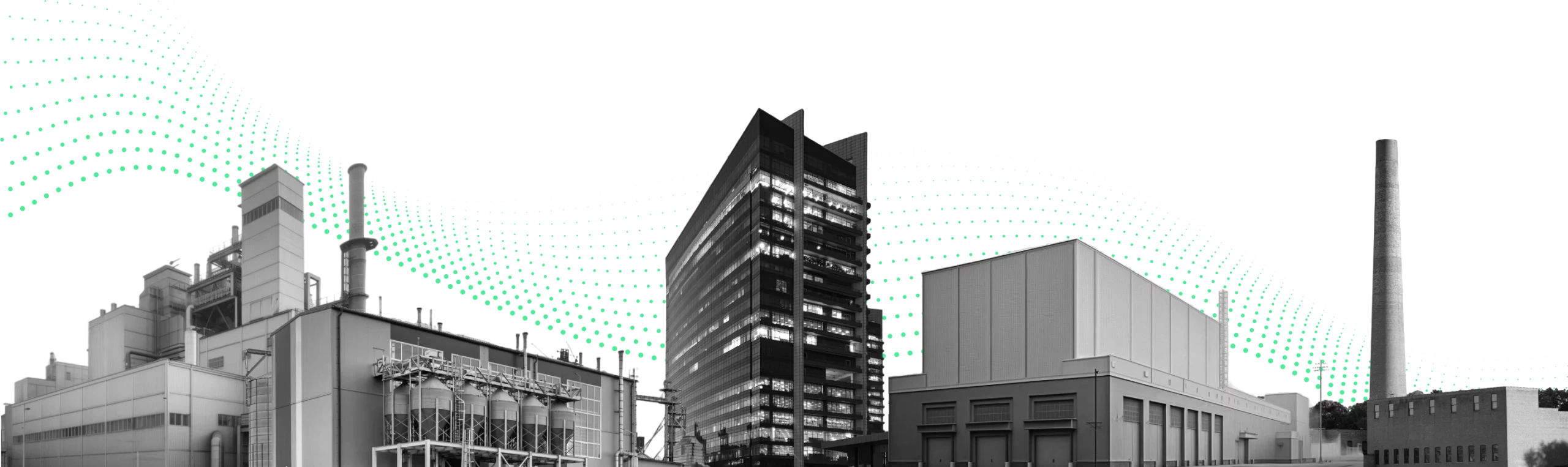 Black and white collage of industrial buildings, including factories and office towers, with green dotted wave patterns in the background.