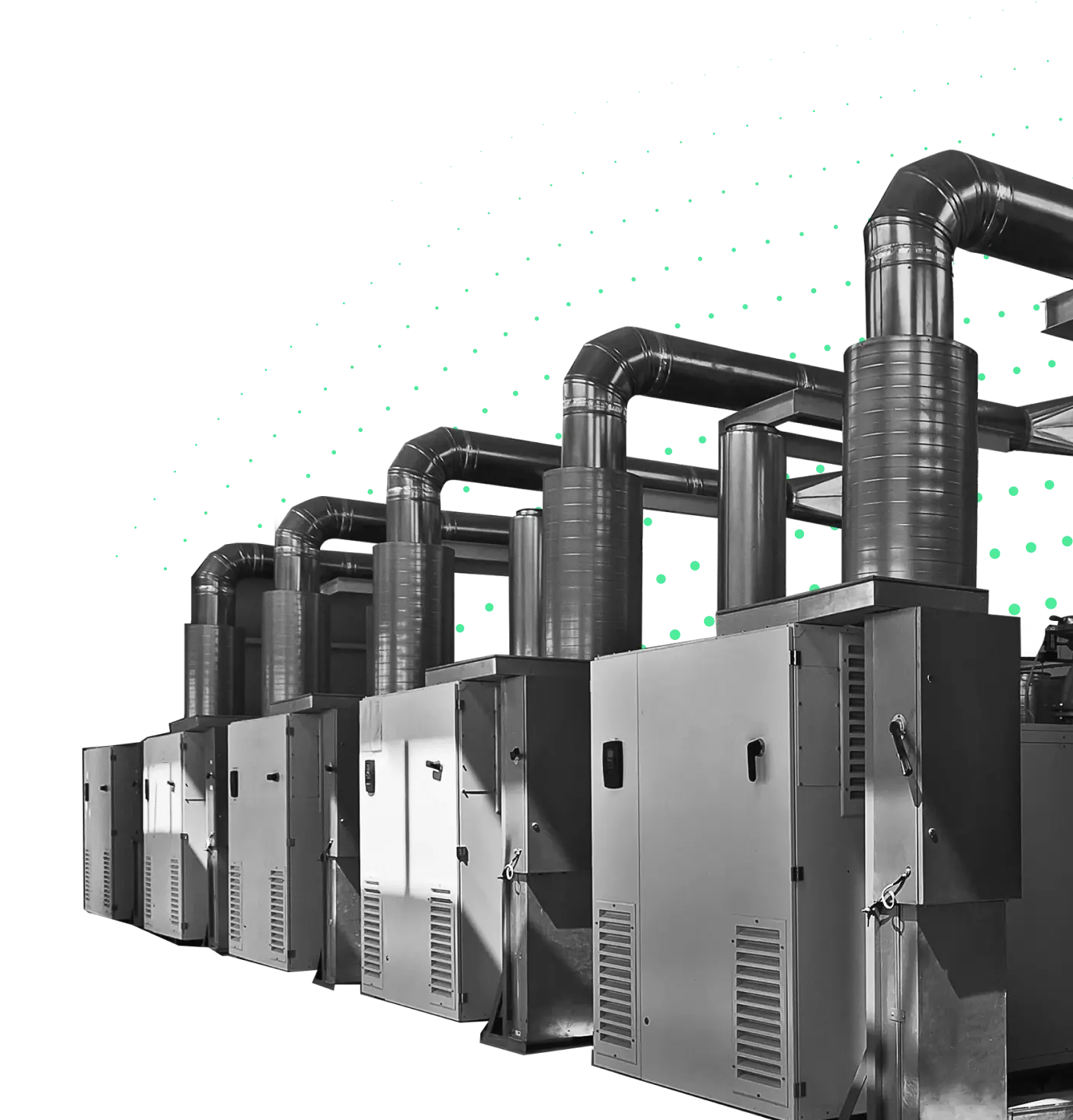 A row of industrial HVAC or ventilation systems with large metal ducts extending from each unit, set against a dark background with a green dotted pattern.