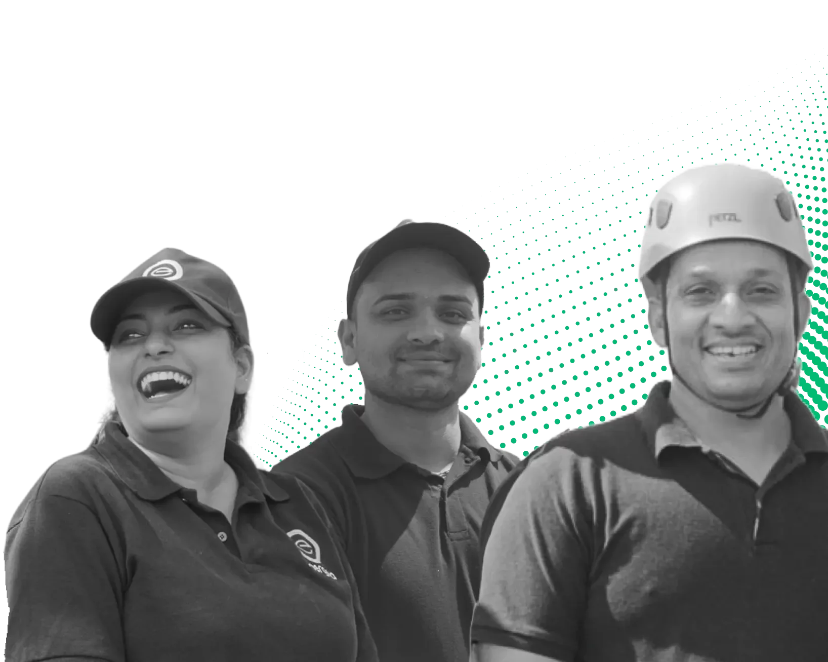 A group of three smiling professionals wearing branded polo shirts and caps, with one person wearing a safety helmet, set against a stylized background with green digital dots.
