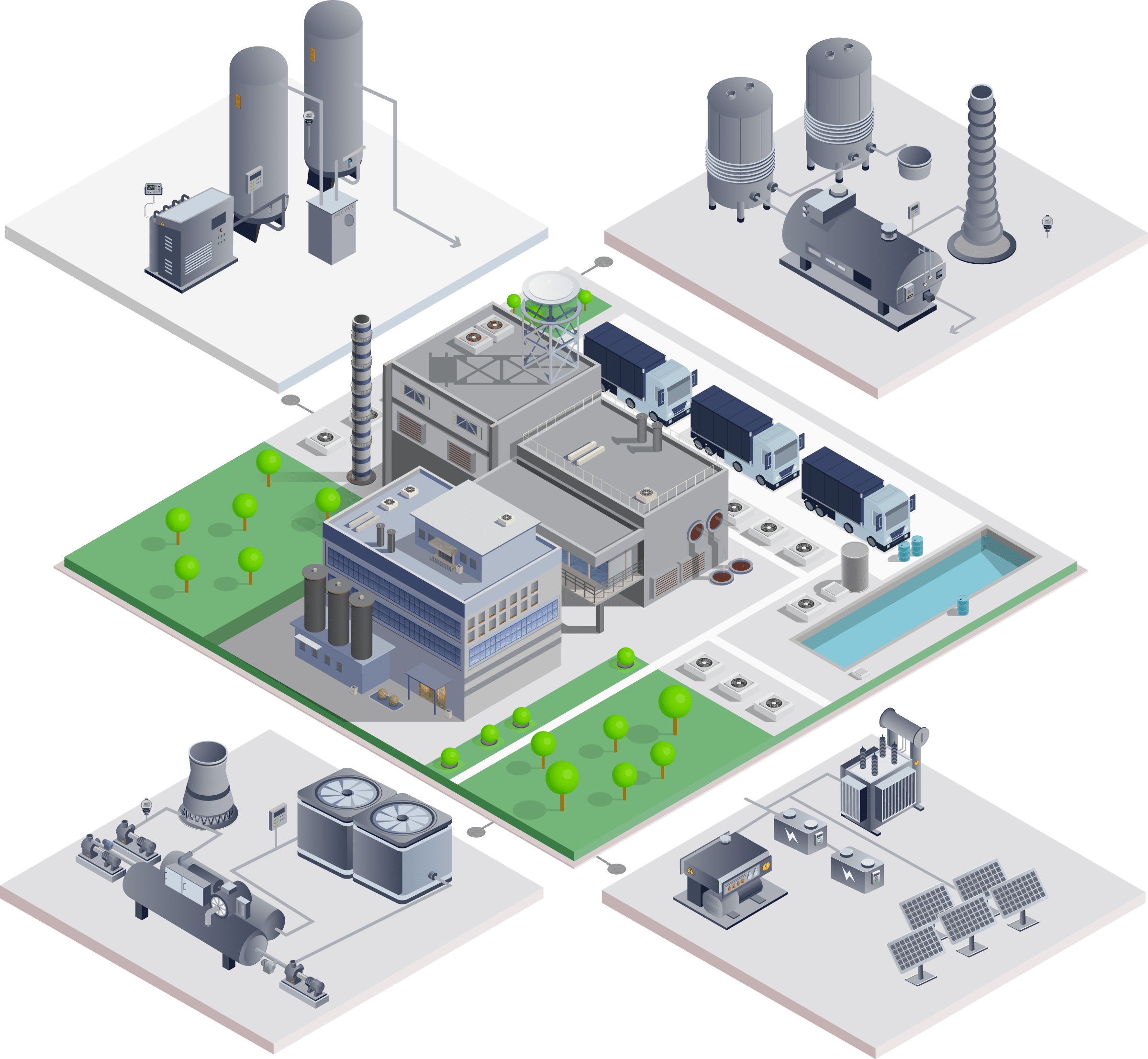 An isometric illustration of an industrial facility with various interconnected units, including manufacturing buildings, cooling towers, storage tanks, power generation units, solar panels, and logistics trucks