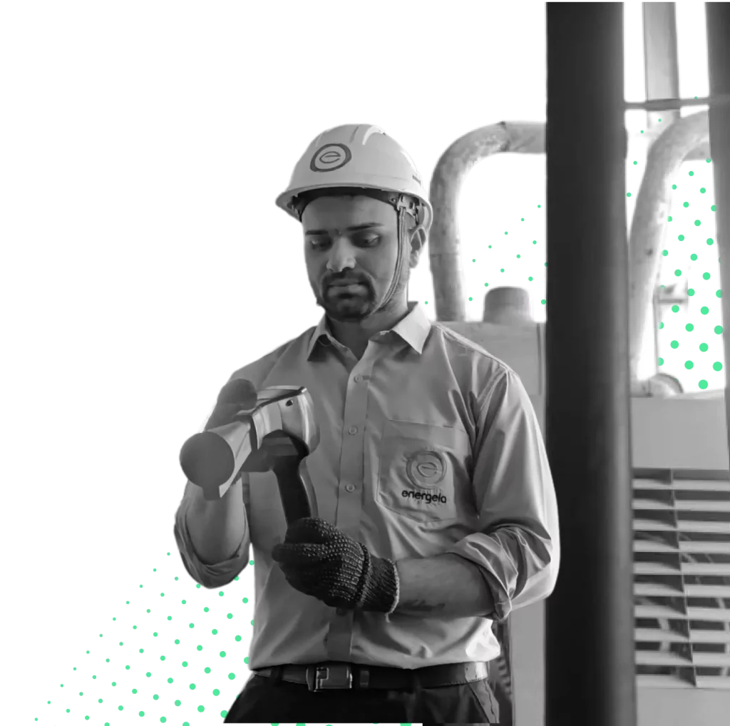 A professional technician wearing a hard hat and gloves, using a handheld thermal imaging device in an industrial setting, with a stylized digital background.