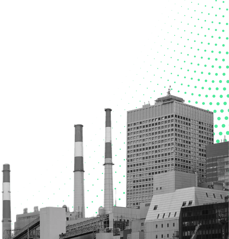 Black and white industrial cityscape with factory chimneys and green digital overlay representing energy optimization.