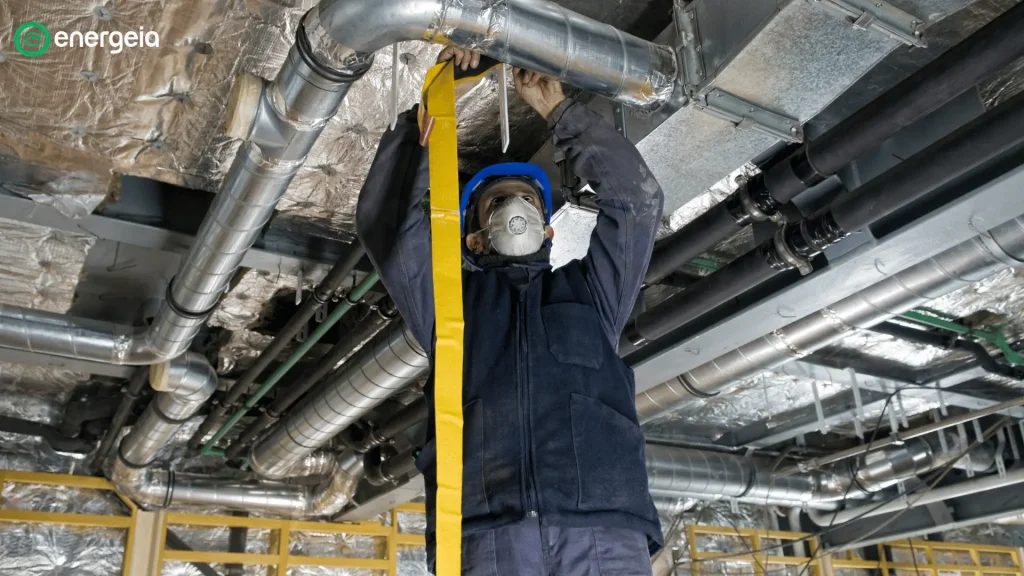 Energeia engineer examining HVAC piping system